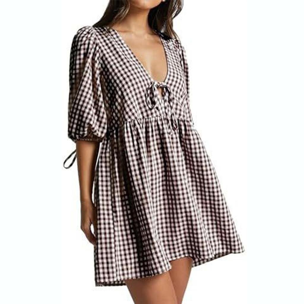 Women's  Plaid Tie-Front Babydoll Dress With Ruffles, Puff Long Sleeves, V-Neck, Peplum Waist, Sundress For Beach
