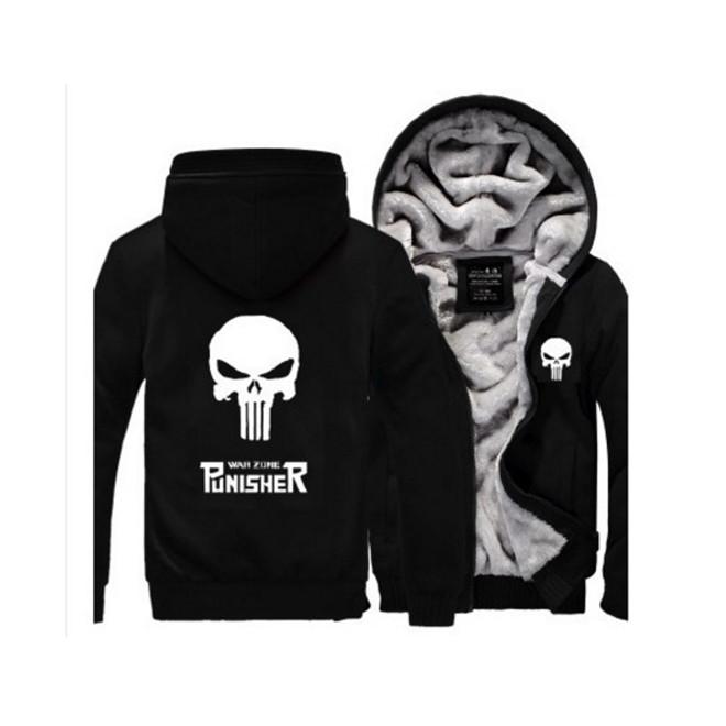 Elegant Punisher Unisex Skull Winter Fleece Jacket Coat With Plush Warm Hoodie