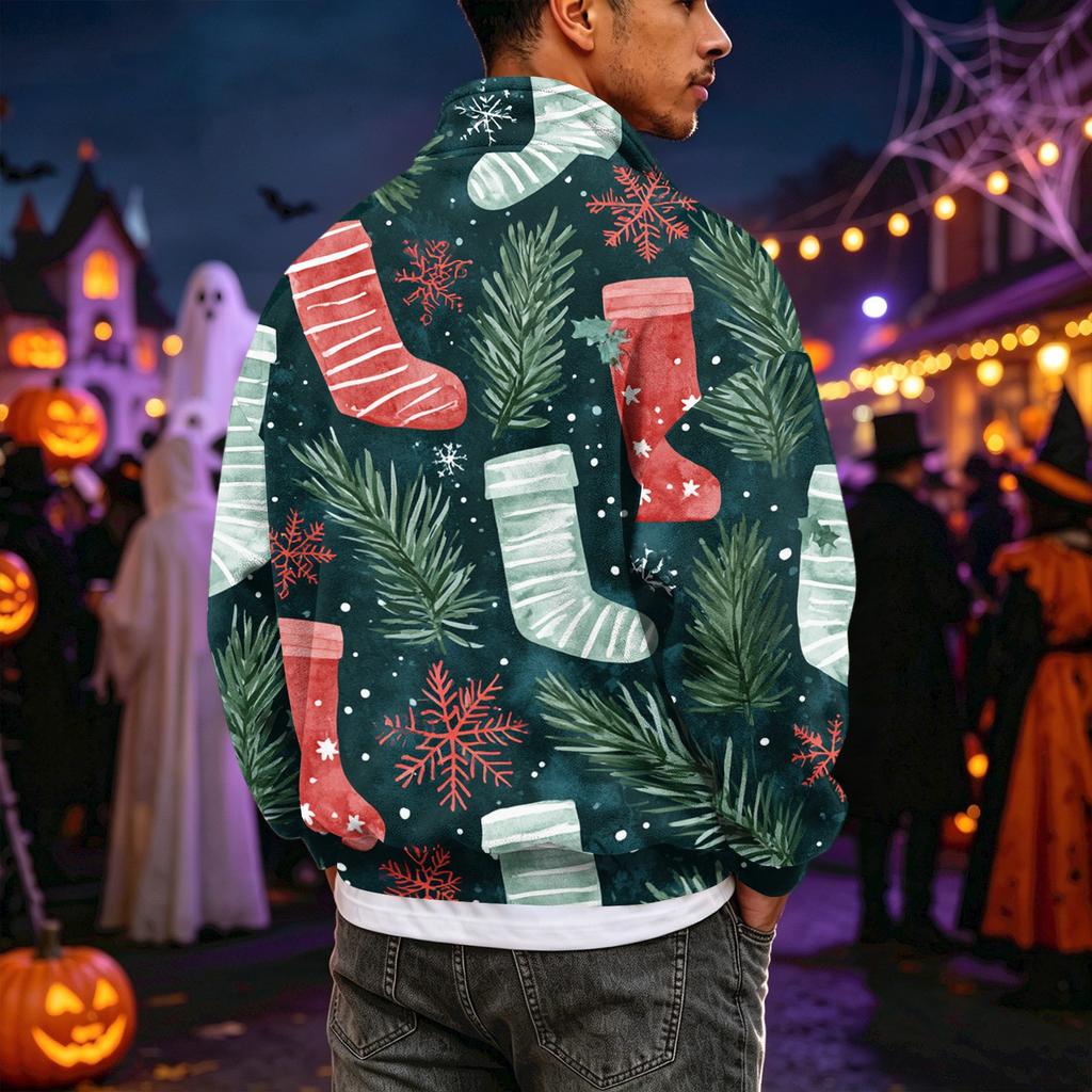 Men's Casual Flannel Quarter-Zip Long Sleeve Sweatshirt with Christmas Print