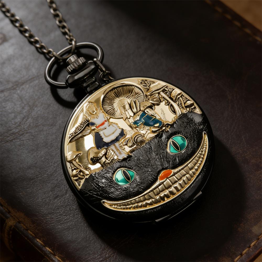 Luxury Retro Popular Black Gold Pocket Watch Enamel Fantasy Forest Character Embossed Pendant Necklace Watch for Gifts CF1760