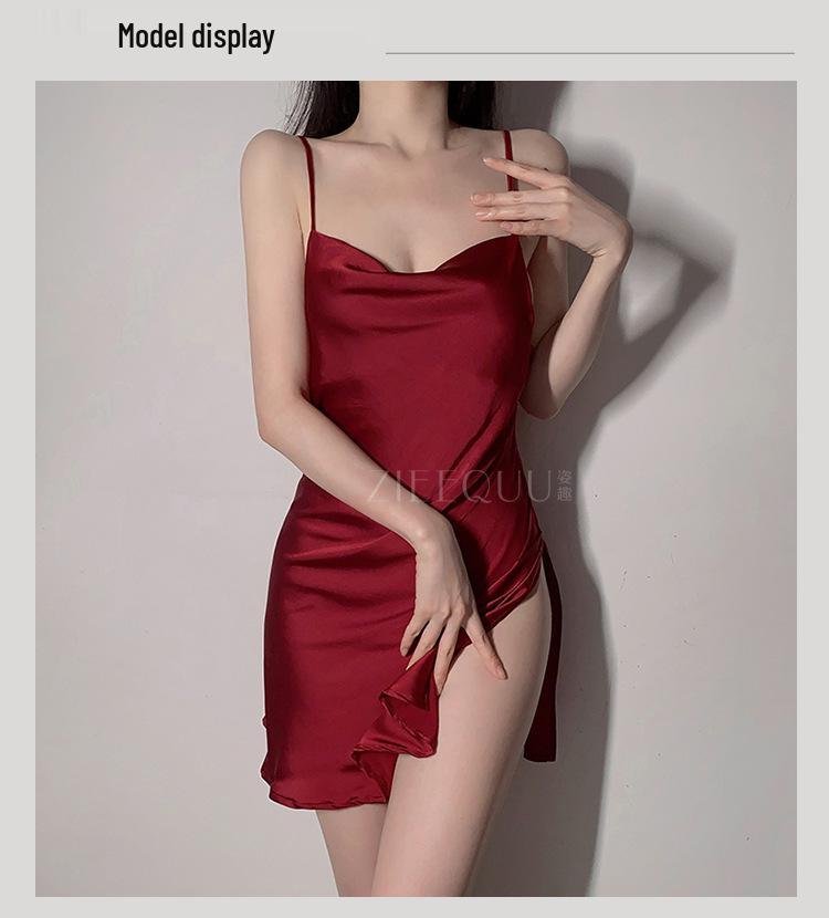 Ziqu Sexy Satin Deep V Slit Backless Nightdress for Women