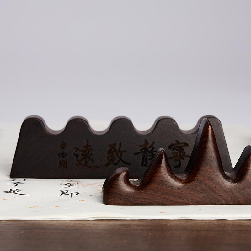 Yubao Pavilion Calligraphy Brush Holder: Ceramic Pen Rest & Solid Wood Stand - Scholar's Creative Pen Hanger, Four Treasures