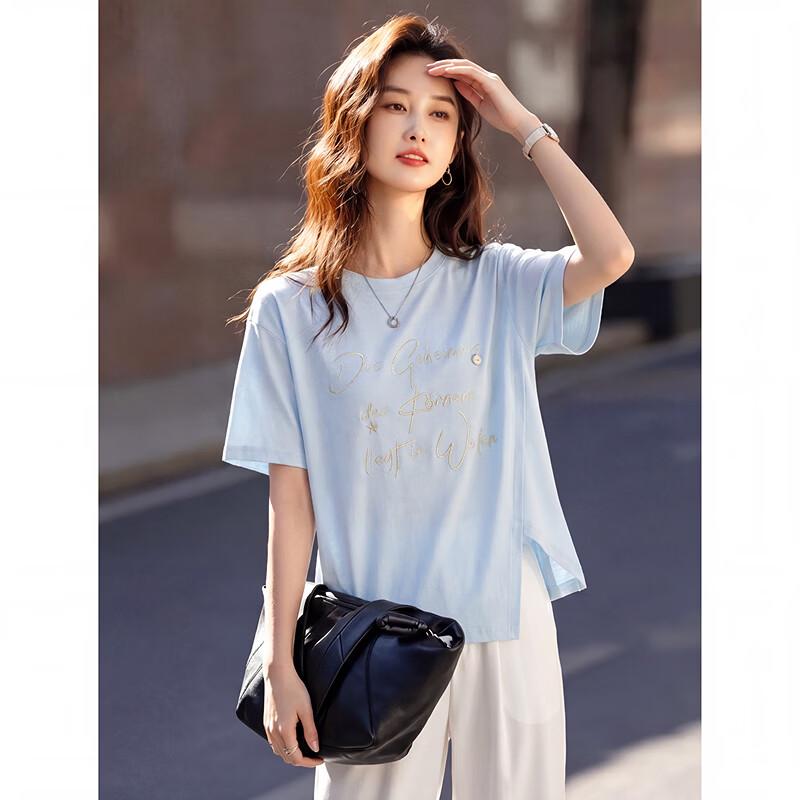 Letter Embroidered Irregular Hem T-Shirt