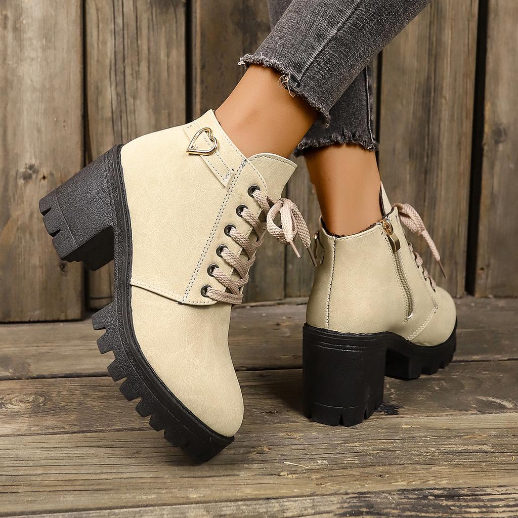 Fashion Women's Chunky Heeled Ankle Boots Metal Decoration Side Zipper High Heeled Booties Woman Fashion Lace Up Platform Short Boots