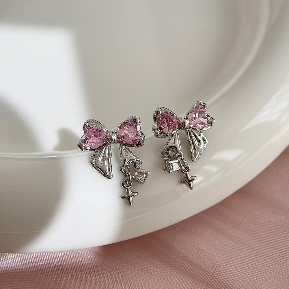 Pink Zircon Heart Bow Earrings for Women with Silver for Everyday Wear