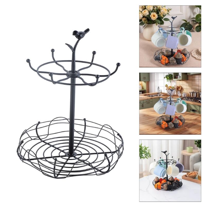 Multi Tiers Rotating Cup Shelf Iron Construction Vertical Stackable Design Coffee Mug Storage Solution