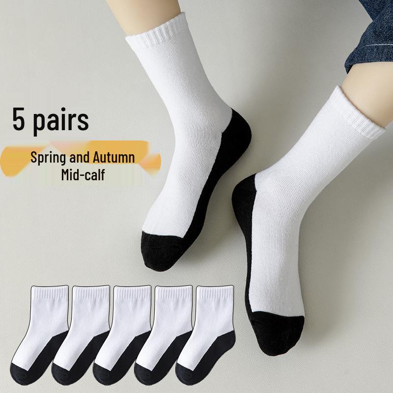 Dziecięce bawełniane skarpety: Biało-czarne, do połowy łydki, dezodorujące, odporne na zabrudzenia, odpowiednie na wiosnę, jesień i zimę