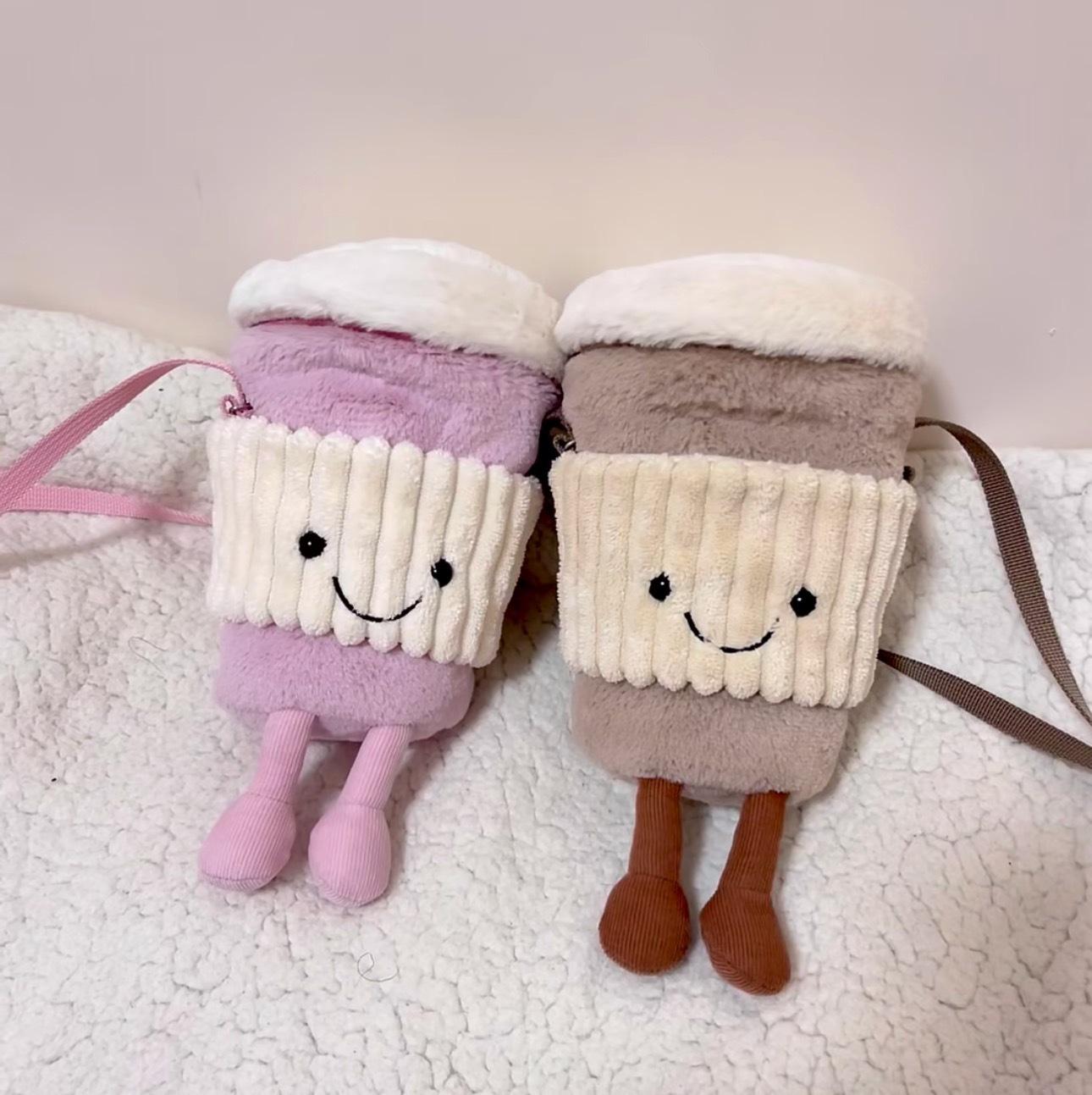 

Pink Beige Coffee Cup Plush Crossbody Bag with Insulated Milk Tea Design Includes All Tags + Dust Bag