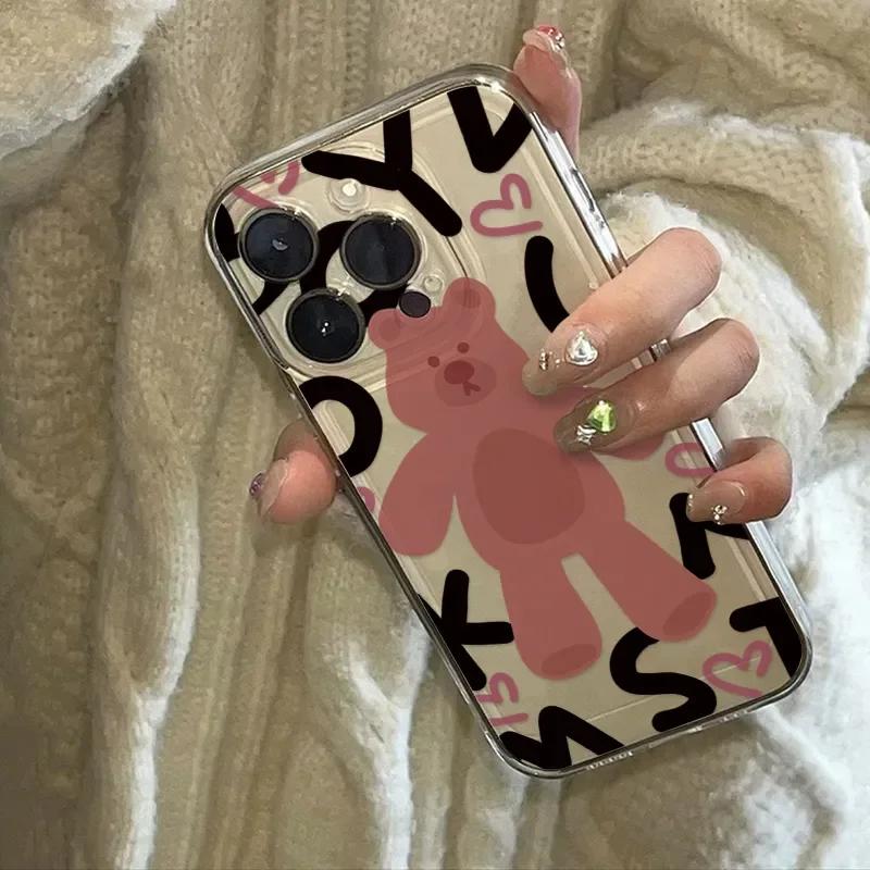 Ins Korean  Lovely Pink Bear Phone Case for IPhone 16 Pro Max 15 14 13 12 11 Pro Max 14 15 Plus Y2K Soft Anti Fall Phone Case