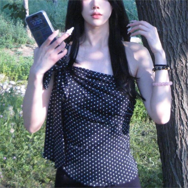 2024 Summer Polka Dot Chiffon Off-Shoulder Camisole - Slim Fit Sexy Style Women's Top