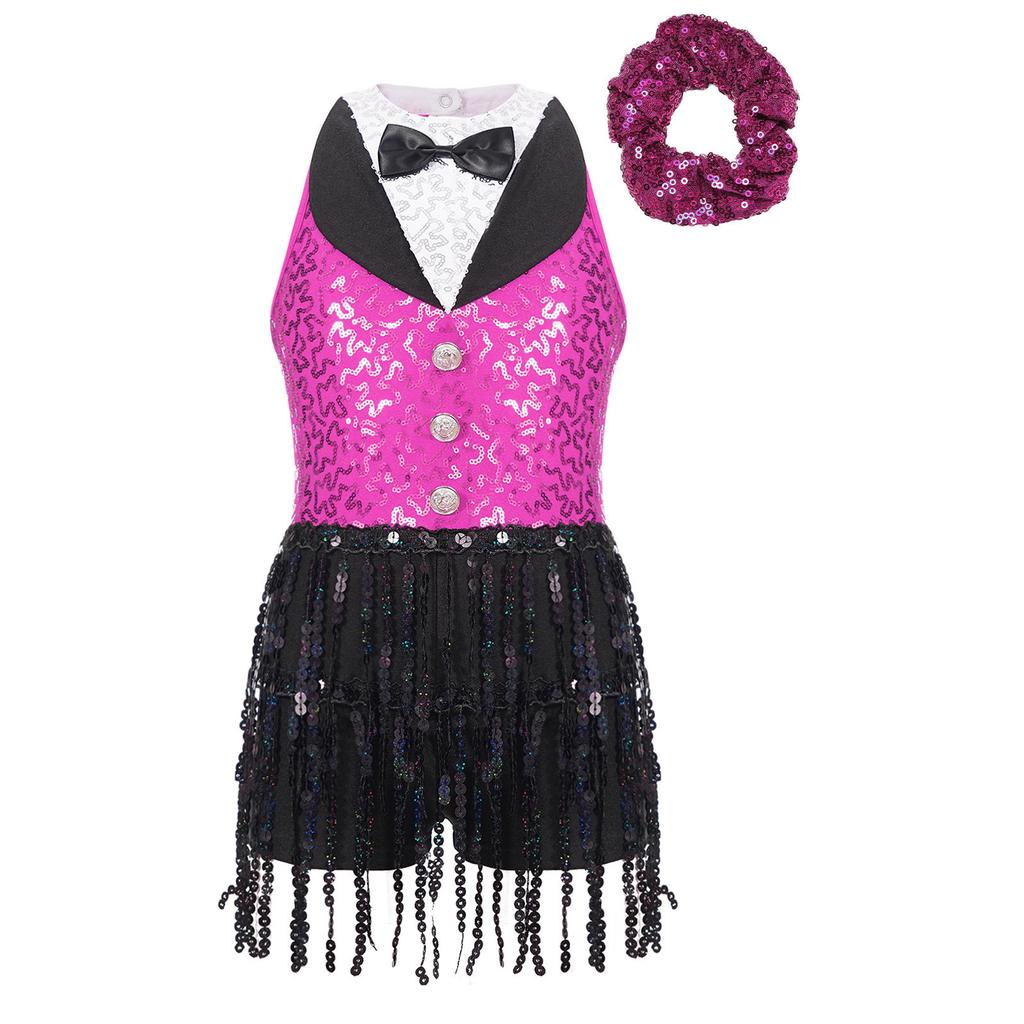 Meisjes Glanzende Pailletten Leotard Jurk Keyhole Achterkant Kwastjes Mouwloos Latijnse Jazz Hoofddeksel Set