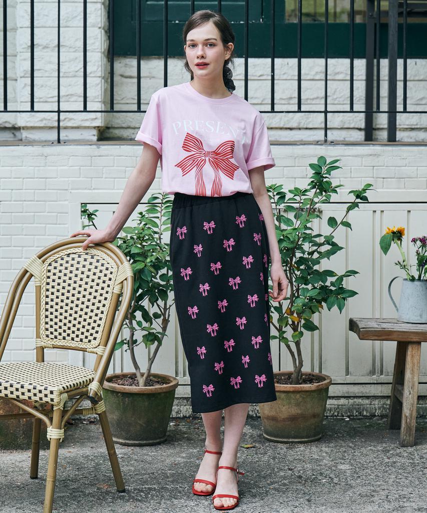 Metapeo Met Ribbon Print Elastic Waist Long Skirt Black