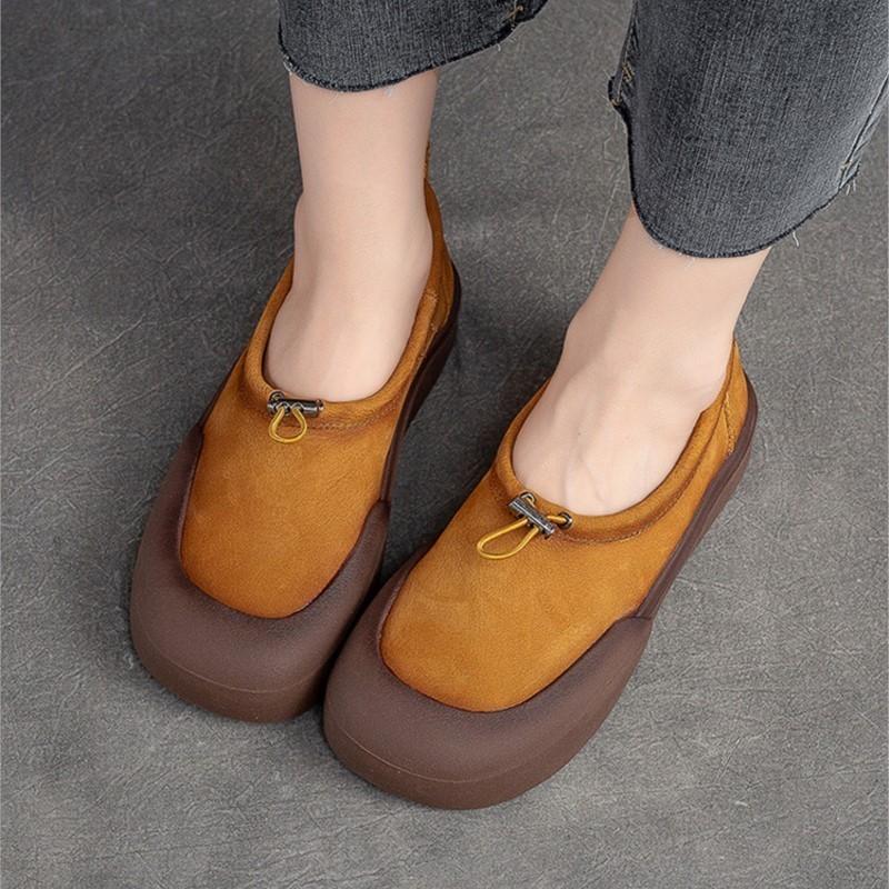 Johnature Retro originálna koža Dámske nazúvacie ploché topánky s okrúhlou špičkou a hrubou podrážkou Pohodlné topánky na platforme