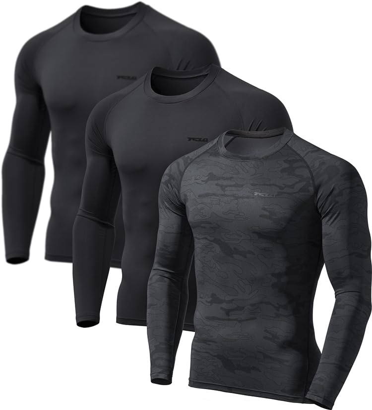 Tesla Long Sleeve Sports Set Compression Compression Wear for Base Men's Undershirt, 3-Piece [UV Protection, Sweat-Wicking, Quick-Drying], Shirt,