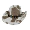 Cowboy Hat Milk Pattern Plush Top Hat With Wooden Bead Hat Strap Warm Versatile Hat