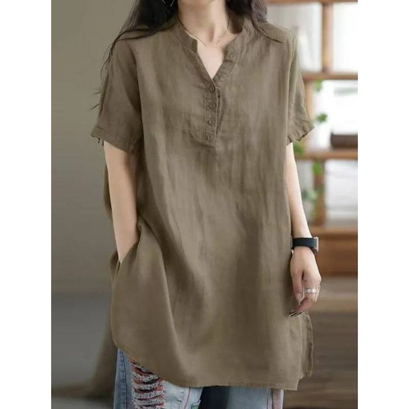 Middle-Aged Mother Cotton V-neck Short sleeve Shirts Women Summer Plus size Loose Slimming Western Style Mid-Length T-shirt Top