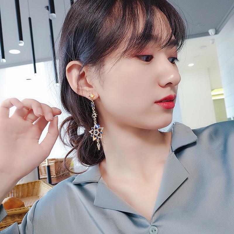 S925 Silver Asymmetrical Star & Moon Earrings with Sapphire