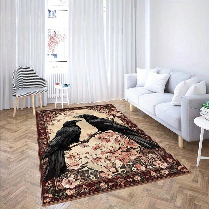 Dark Academia Raven Themed Rug,Anti-Slip Mat with Vintage Cherry Blossom Design for Living Room Bedroom,Gothic Decorative Carpet