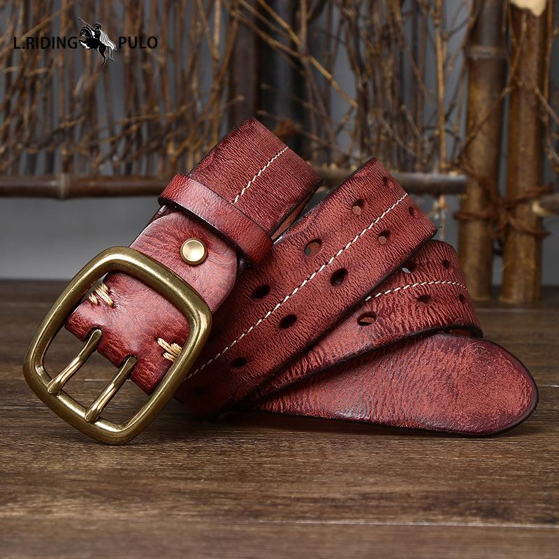 Curea Retro cu Personalitate, Trend Distressed, Cataramă Dublă cu Pini, Piele Naturală pentru Bărbați, Piele de Vacă Pură, Stil Coreean, Curea Casual