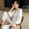 1011 New Pajamas Women's Spring and Autumn Ice Silk Long Sleeve Pants Set Live Sexy Lace Homewear Summer