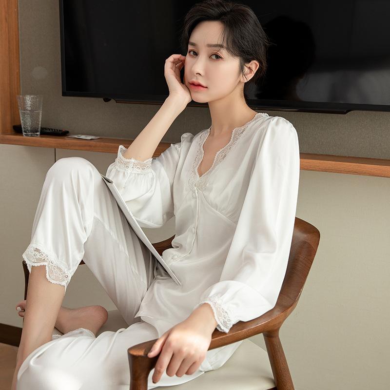 1011 New Pajamas Women's Spring and Autumn Ice Silk Long Sleeve Pants Set Live Sexy Lace Homewear Summer