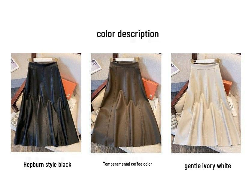 Fließender Hepburn-Stil A-Linien-Rock aus PU-Leder - Hohe Taille Mittellang für Damen