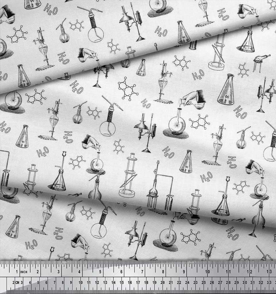 Soimoi Japan Crepe Satin Fabric Scientific Lab Equipments Education Theme Fabric Prints By metre 42 Inch