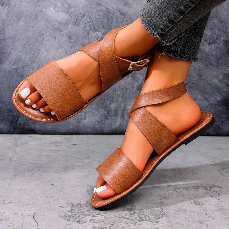Plus Size New Crossover Strap Sandals Summer New Round Toe Lightweight Simple Temperament Soft Sole Roman Shoes