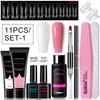 11Pcs Nail Extension Gel Kit - Clear/Nude Polygel Resin for Nail Extension, Acrylic Liquid, U-Shape Nail Forms, Brush, Nail Art Tool Set