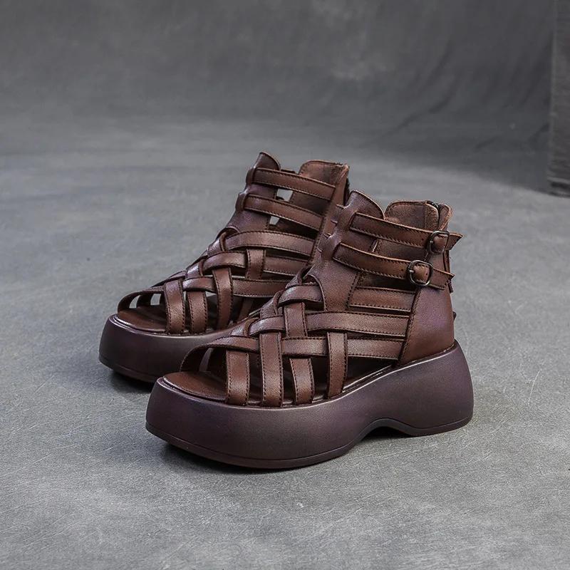 Fashion High Quality 6CM Weave Genuine Leather Fashion Ankle Booties Peep Toe Summer Sandals Mary Jane Platform Wedge ZIP Women Shoes