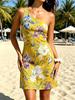 Women's One Shoulder Mini Dress Iris Floral Print Yellow Bodycon Sundress for Summer Beach Vacation