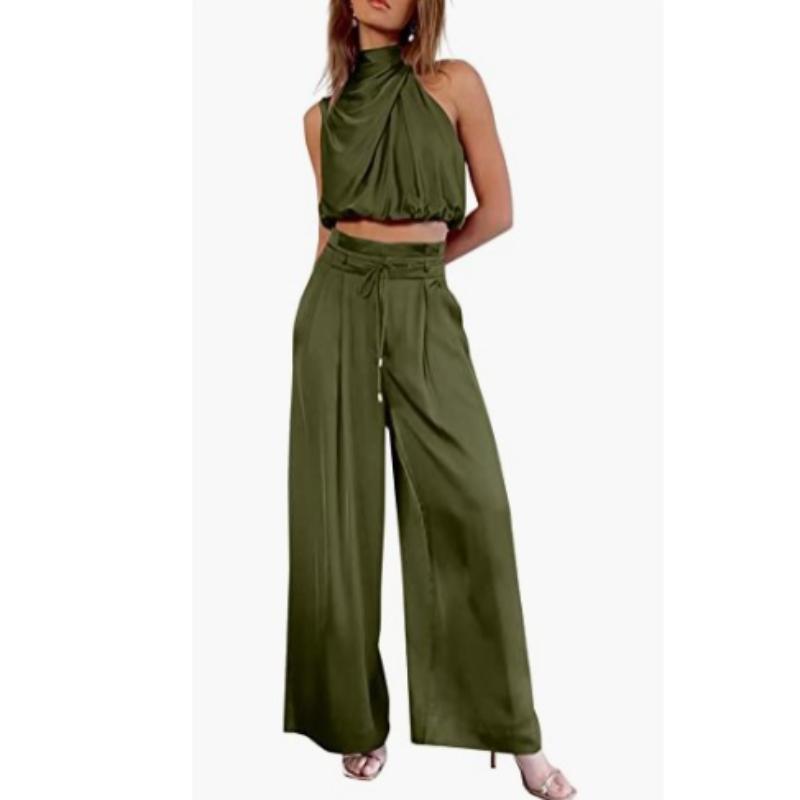 Ladies Two Piece Pants Sets Ladies Outfit Silk Pleated Texture Sleeveless Top Wide Leg Pants Set Summer Matching Sets