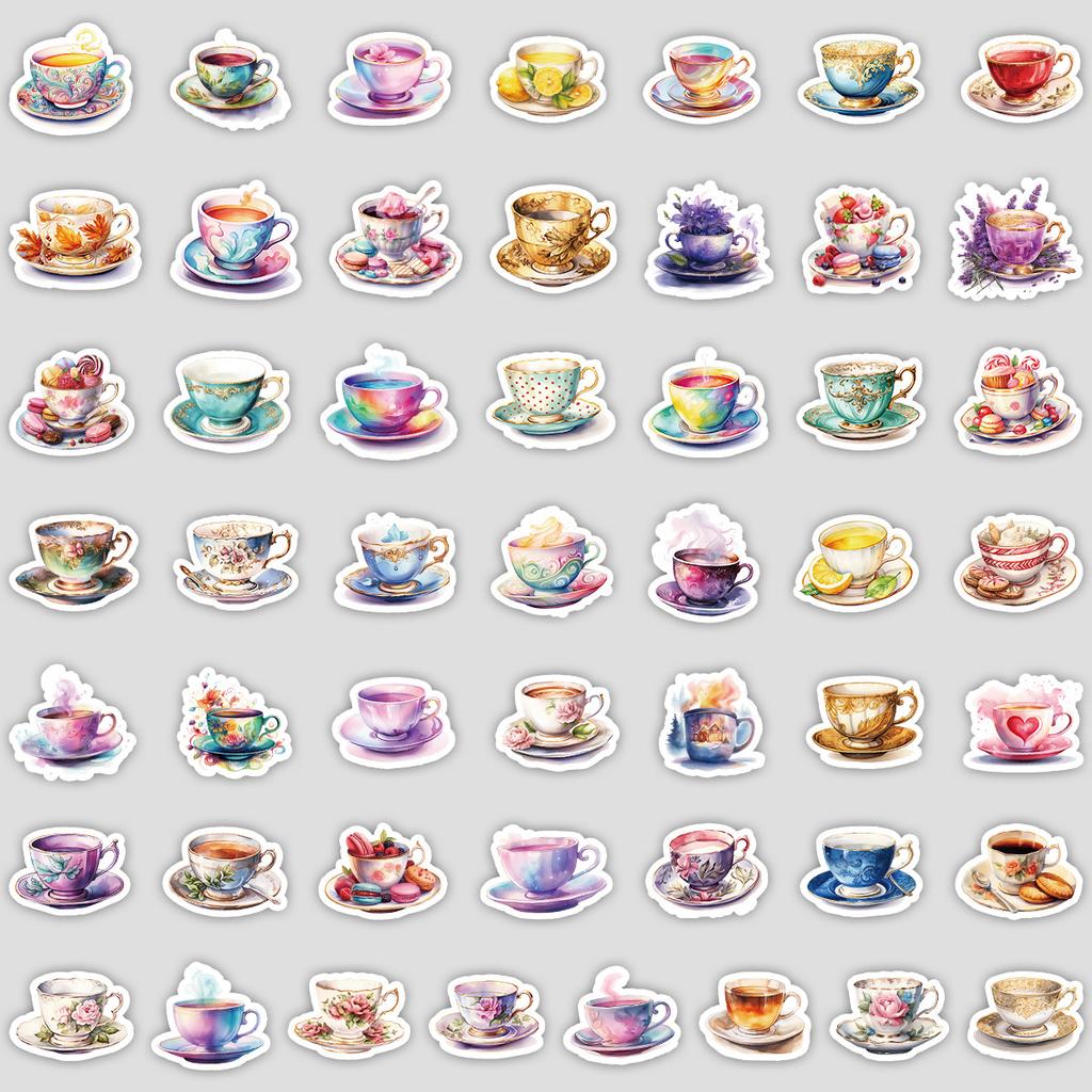 50 Sheets of Watercolor Tea Cup Series Graffiti Stickers, Waterproof Decorative Stickers for Computers, Creative DIY Stickers