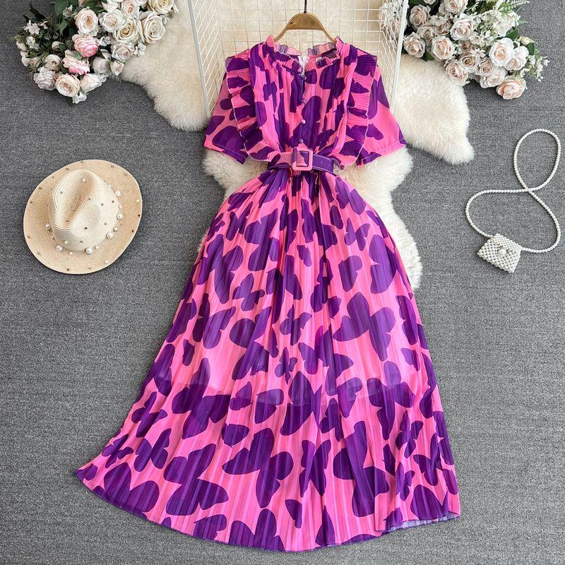

Accessible Luxury Stand Collar A- line Printed Dress Elegant Short Sleeve Purple All yards