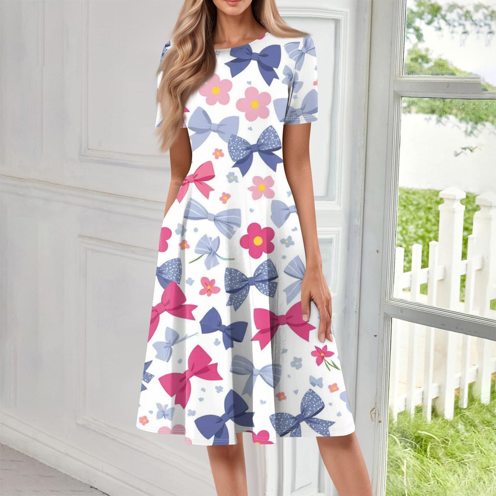 Women Casual Printed Round Neck Short Sleeved Long Dress S