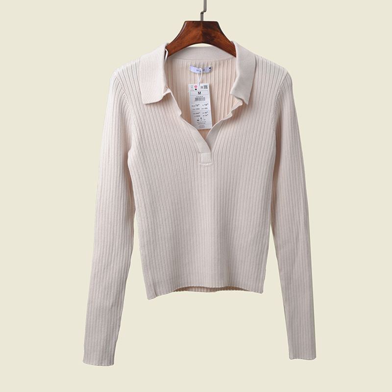 Polo Collar Long Sleeves Knitwear Fashion Style V-neck Casual Fall Base Tops Foreign Trade Original Order Pullover Women's Clothing
