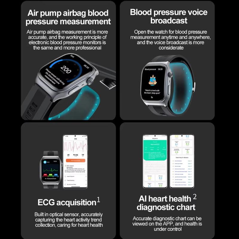 2025 Nowy Smartwatch z Poduszką Powietrzną Klasa Pielęgniarska Połączenie Bluetooth Pompa Powietrzna EKG Prawdziwie Dokładnie Ciśnienie Krwi Kwas Moczowy Lipidów Krwi Zegarek Męski