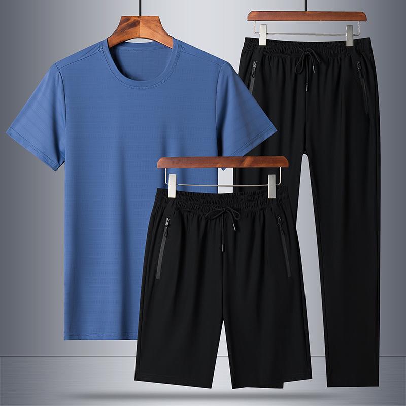 Men's Summer Quick-Dry Ice Silk Solid Color Sports Suit - Large Size Three-Piece Set with Shorts.