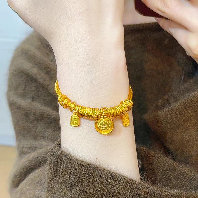 Yellow God of Wealth Bracelet: Women's Chinese Style with Chasing Engraving for Peace and Happiness