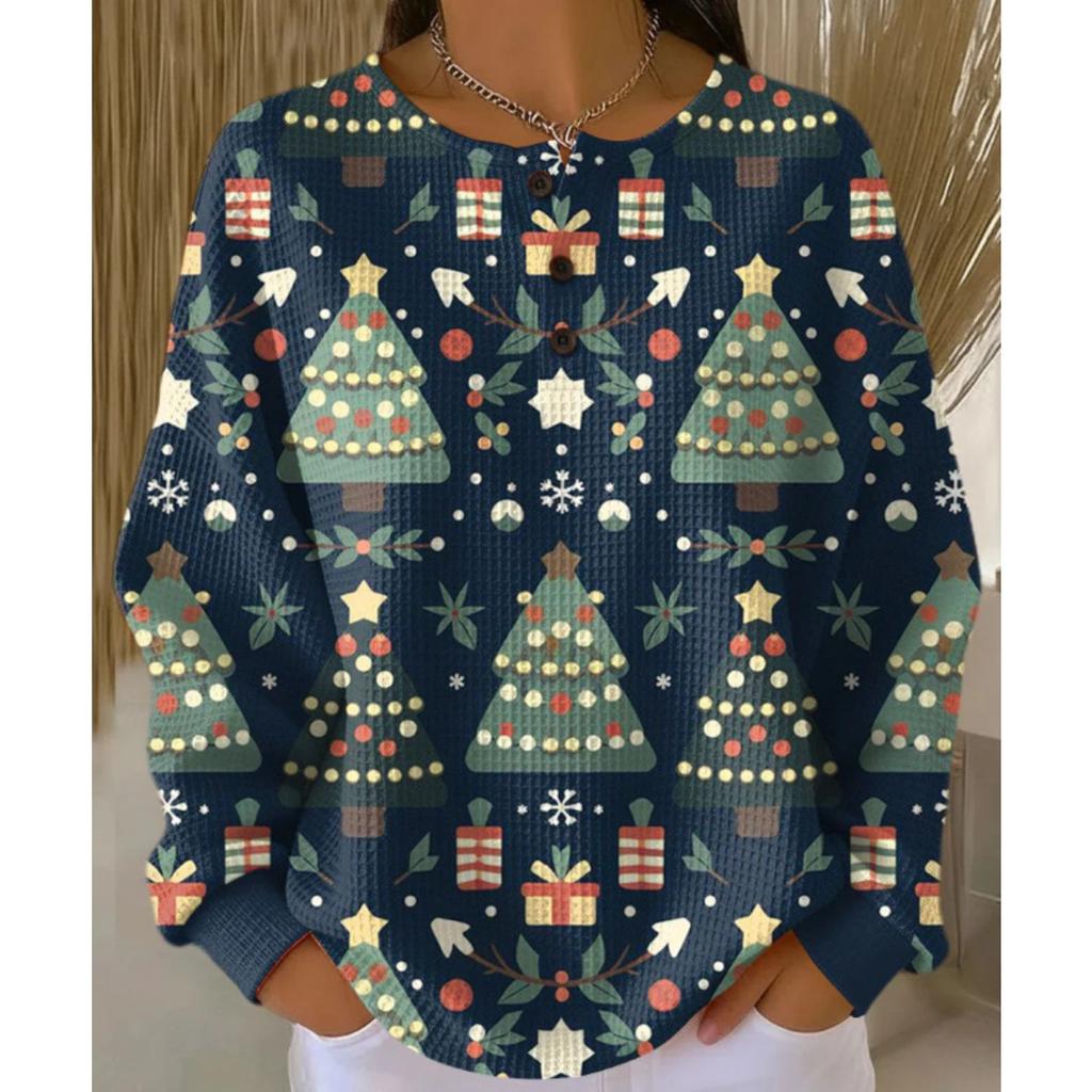 Women's Crew Neck Long Sleeve Waffle Knit Henley Top Loose Fit Casual Sweatshirt