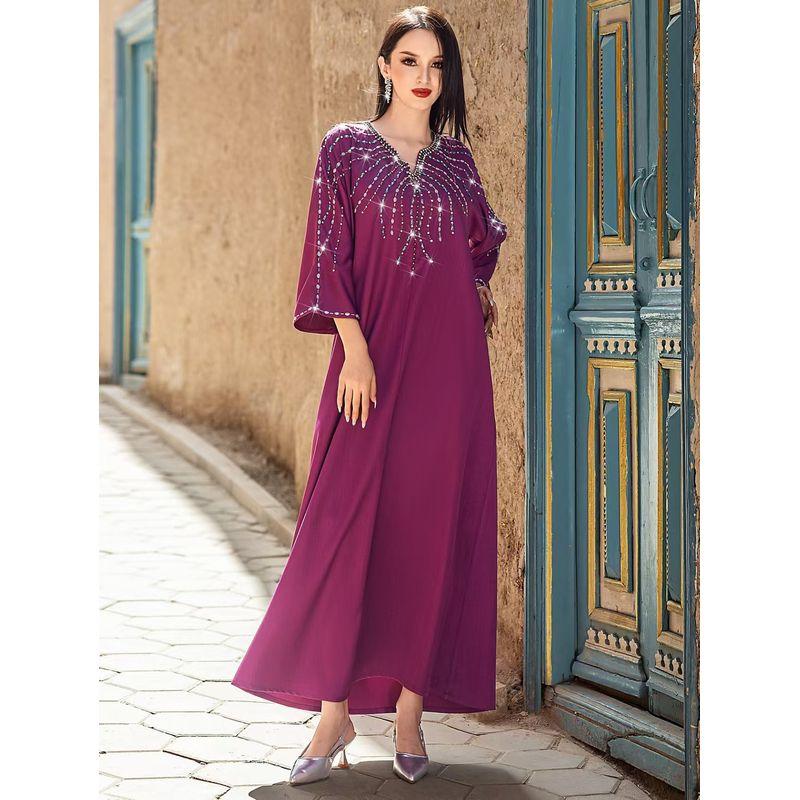 

New Middle East Dubai V-neck Hand-Stitched Rhinestone Robe Dress Hand Sewn Diamond Dress Berry purple L