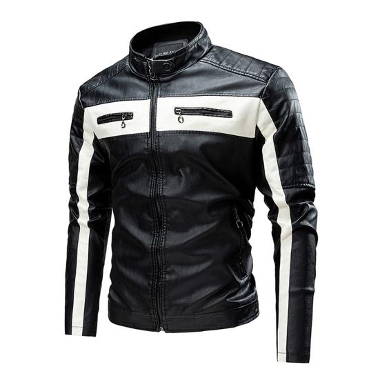Men Jacket Color Block Slim Windproof Faux Leather Stand Collar Outerwear for Working
