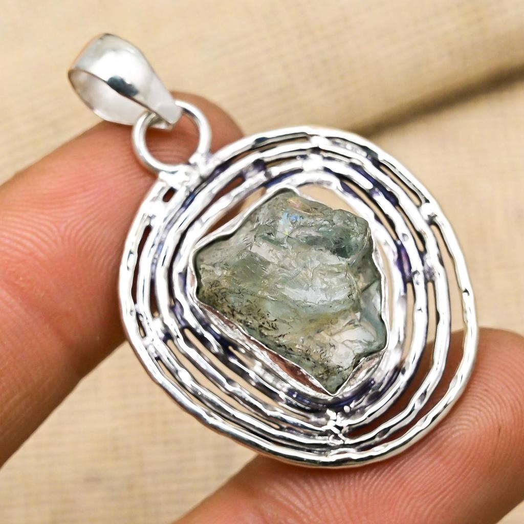Rough Aquamarine Gemstone Jewelry Handmade 925 Sterling Silver Pendant