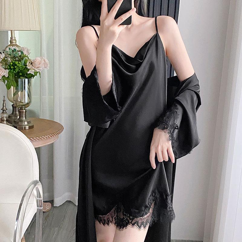 Women's Ice Silk Camisole and Nightdress Set with Chest Pads - Spring & Autumn