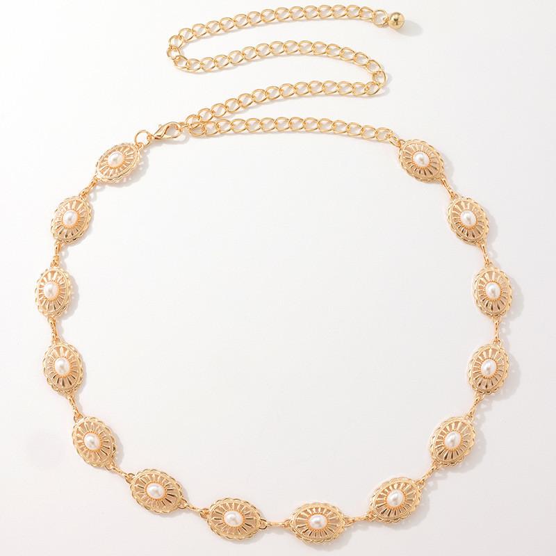 Hollow Turquoise Ladies Metal Waist Chain With Pearl Detailing For Spring Summer And