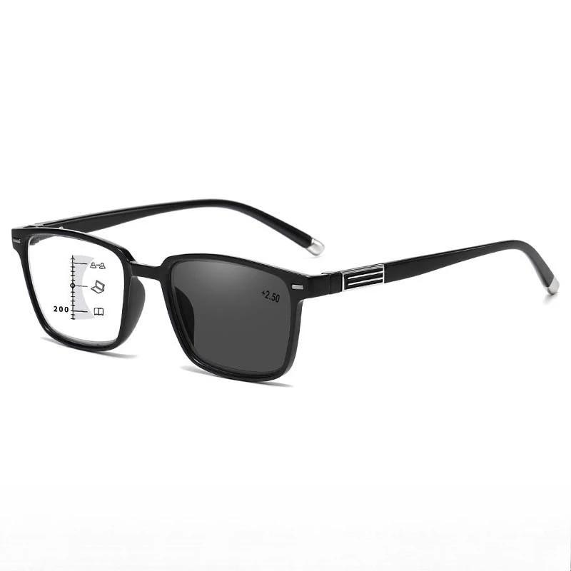 Fashion Luxury Photochromic Multifocal Reading Glasses Men's Business Square High-definition Anti Blue Light Presbyopia Glasses