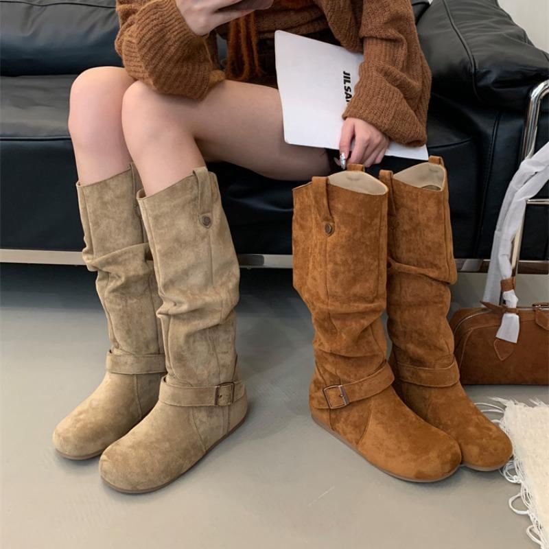 Miting retro inner heightening flat-bottomed western cowboy boots women's 2025 new matte suede low-heeled high boots