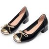 Bowknot Genuine Leather Round Toe Gold and Black Shallow-mouth Single Shoes One-step Elegant Mary Jane Single Shoes