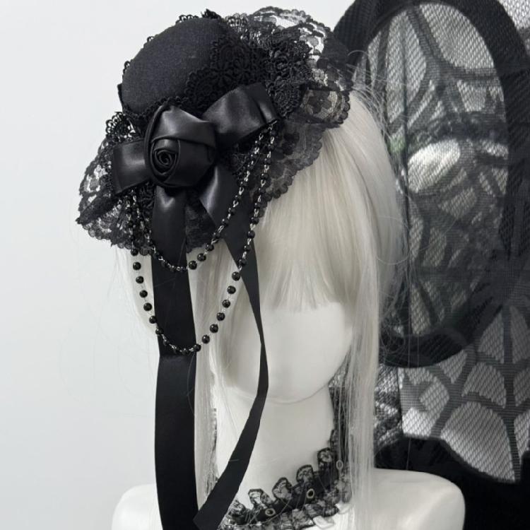 Lace Headpiece Gothic Lolitas Headwear Subcultures Hair Accessories Rose Bead Chain Headdress Top Hat Hair Clips Gifts