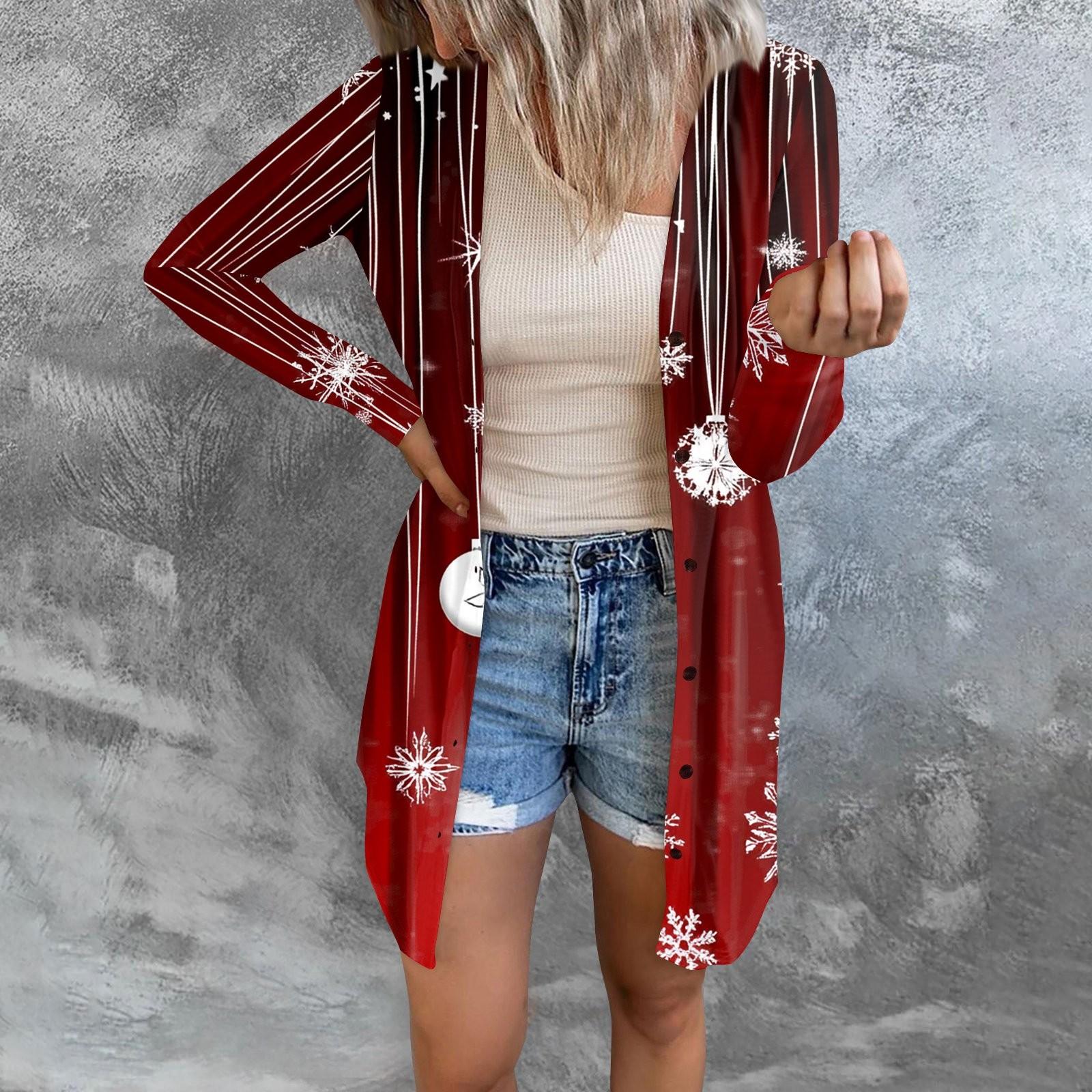 

Женская модная повседневная куртка с длинными рукавами и принтом средней длины, кардиган на пуговицах, пальто M киноварь